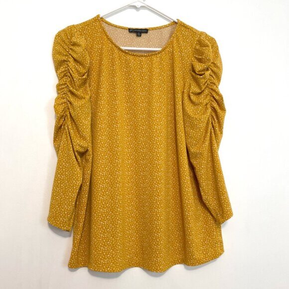 ADRIANNA PAPELL Caterpillar Sleeve 3/4 Sleeve Top Mustard Golden Yellow Printed - Picture 2 of 14